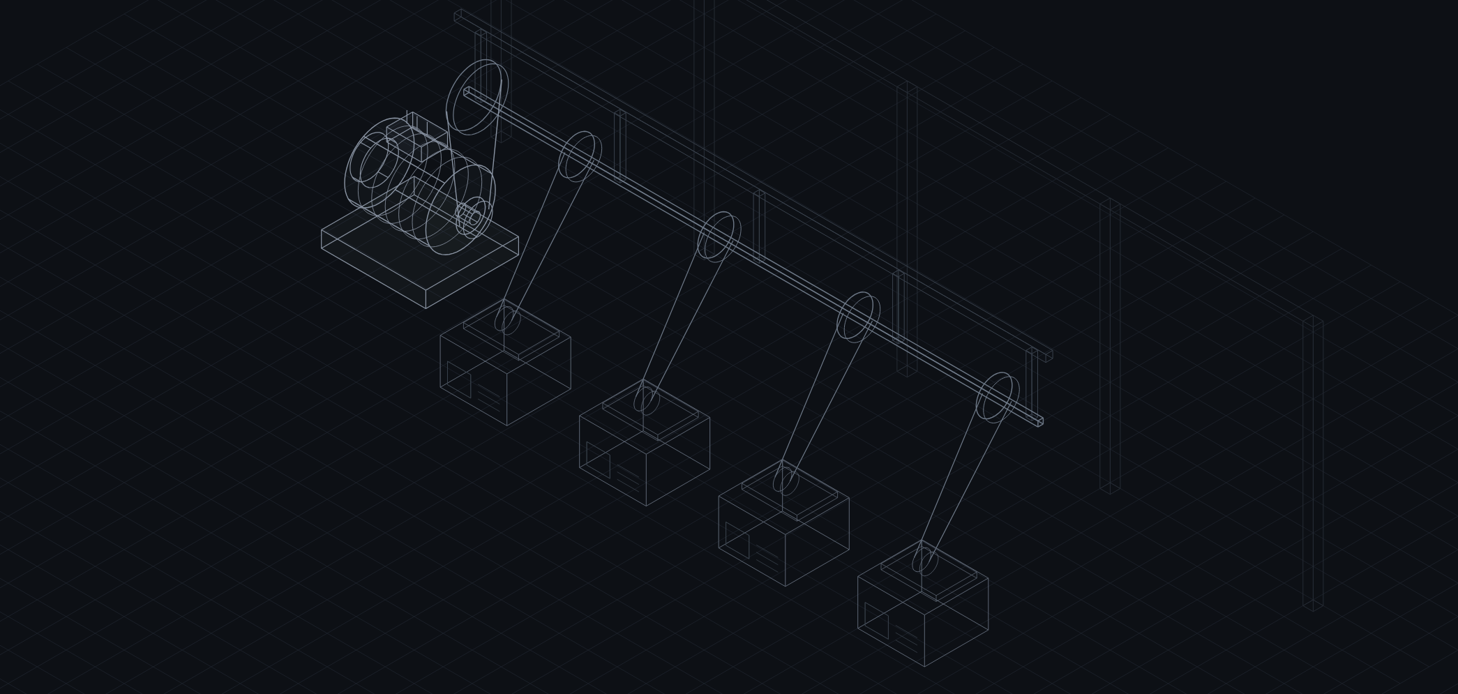 Blueprint of a new electric dynamo driving an old line shaft and belts that power four machines