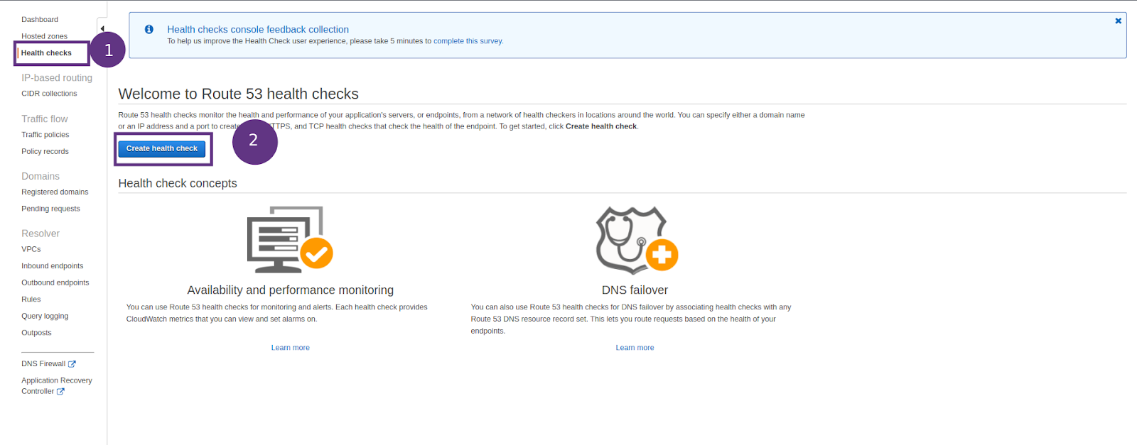 Figure 8 - Amazon Route 53 | Navigating to the Route 53 Health Check Dashboard on AWS