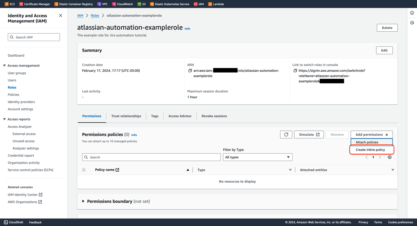 Figure 10 - Jira Automation AWS SSM | IAM Role Inline Policy Creation