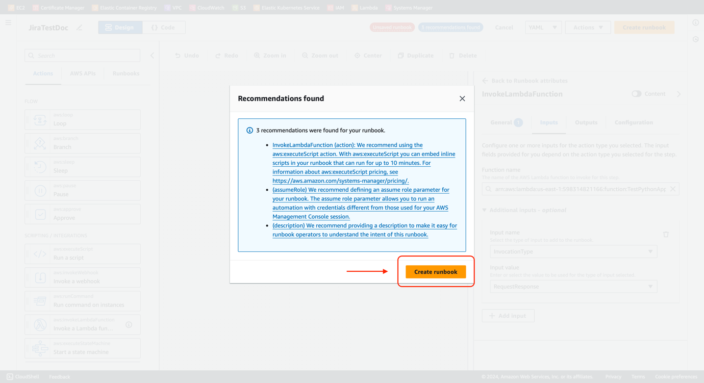Figure 28 - Jira Automation AWS SSM | AWS Systems Manager - Create Runbook